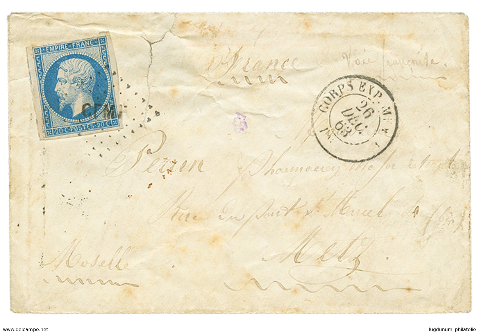 1863 20c(n°14) Obl. CEMA + CORPS EXP. MEXIQUE Sur Env(déchirure) Pour La FRANCE. B/TB. - Legerstempels (voor 1900)