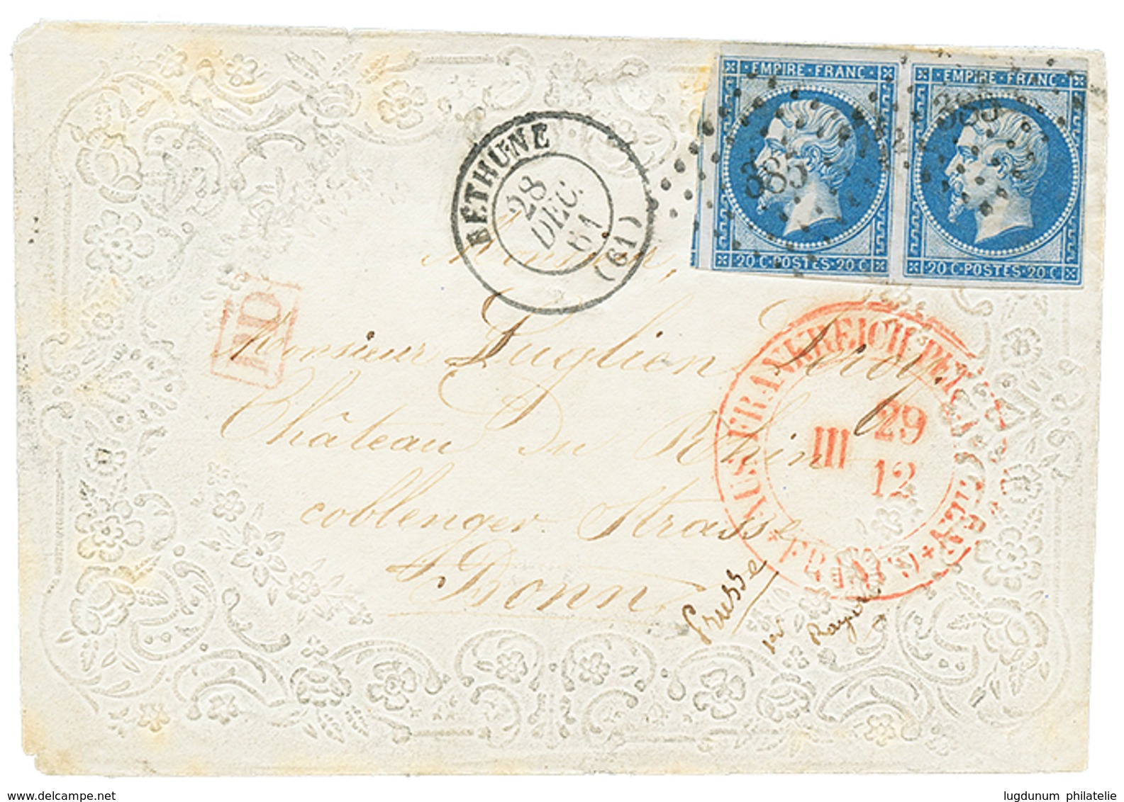 "VALENTINE" : 1861 20c(n°14)x2 Obl. PC 385 Sur Env. "VALENTINE" De BETHUNE Pour L' ALLEMAGNE. TB. - 1853-1860 Napoléon III