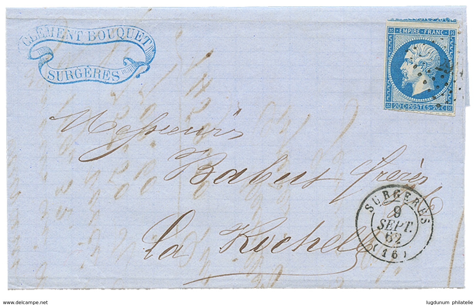 PIQUAGE De SURGERES : 1862 20c(n°14) Avec Piquage Spécial Sur Lettre De SURGERES. RARE. TTB. - 1853-1860 Napoléon III