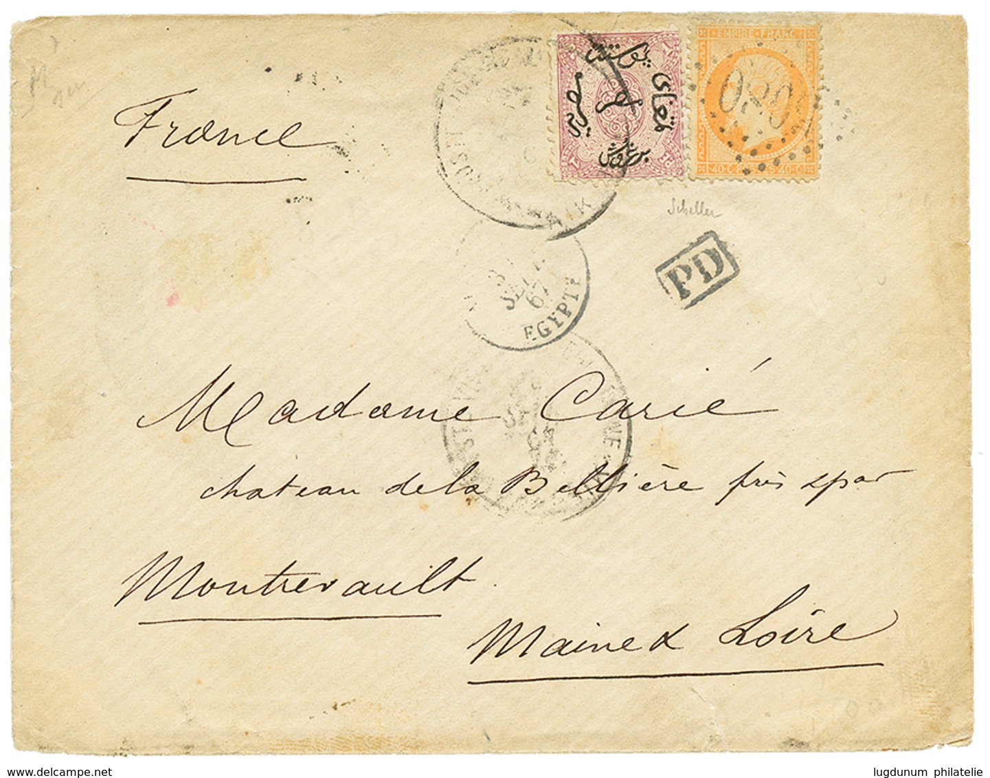 1867 FRANCE 40c Obl. GC 5080 + ALEXANDRIE EGYPTE + EGYPTE 1P Obl. CAIRO Sur Enveloppe Pour La FRANCE. Affrt MIXTE Rare A - 1863-1870 Napoleon III Gelauwerd