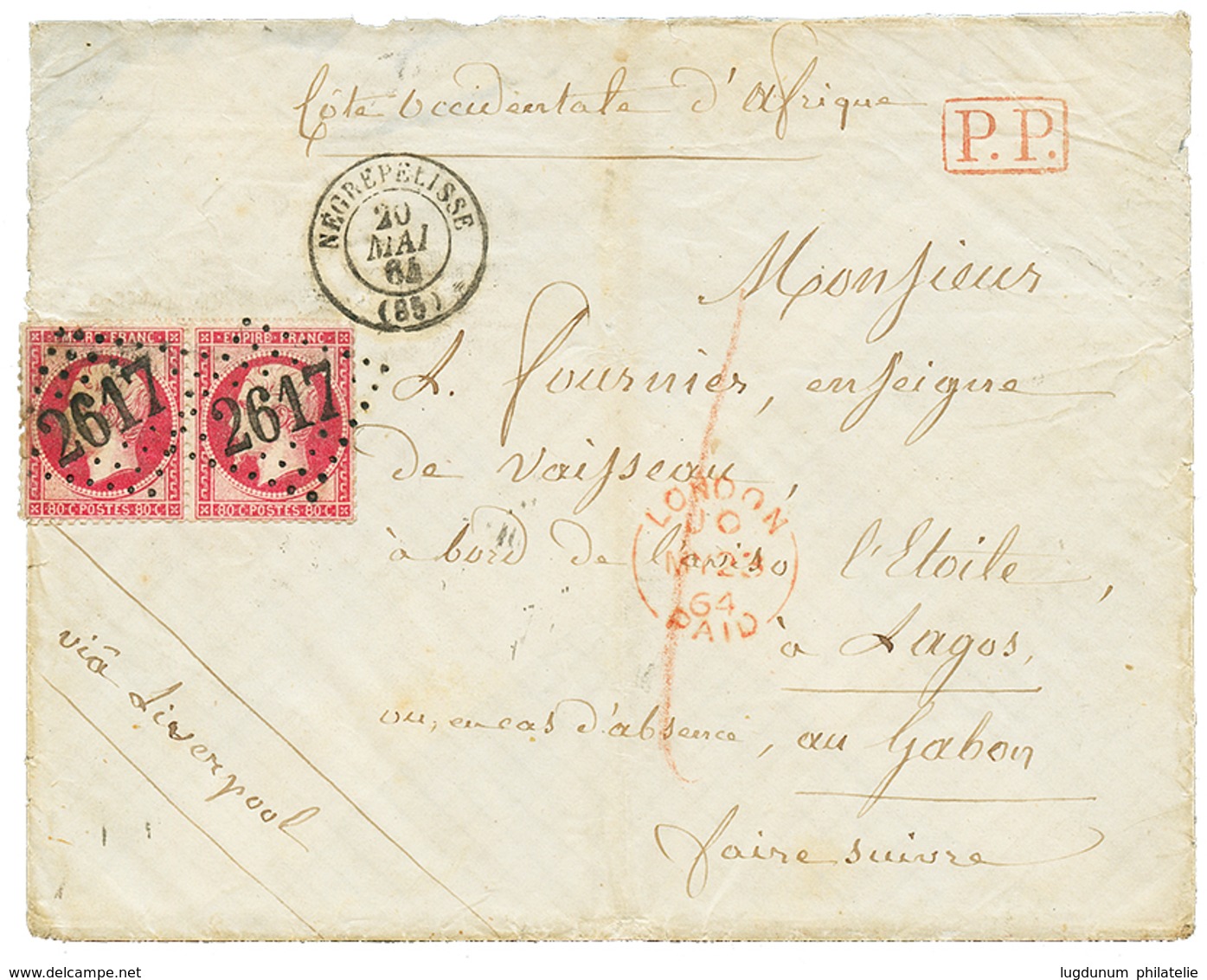"1F60 Pour LAGOS" : 1864 Paire 80c(n°24) Obl. GC 2617 + NEGREPELISSE Sur Env (double Port) Pour LAGOS. Destination RARE. - 1863-1870 Napoleon III Gelauwerd