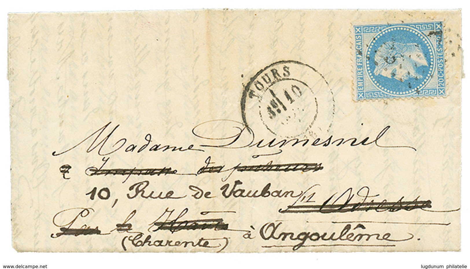 "Pli Confié De L' ARMAND BARBES" : 20c(n°29) Obl. GC 3997 + T.17 TOURS 10 Oct 70 Sur Lettre Avec Texte ST ADRESSE Réexpé - Guerra De 1870