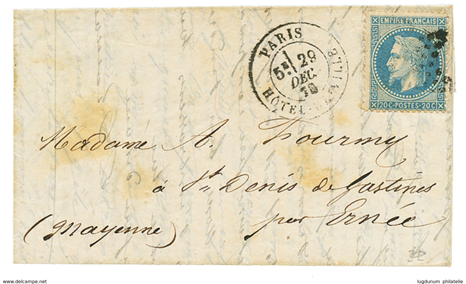 20c(n°29) Obl. Etoile + PARIS 29 Dec 70 Sur Lettre Pour SR DENIS DE GASTINES. Verso, ERNEE 1 Janv 70(erreur De Dateur).  - Guerra De 1870