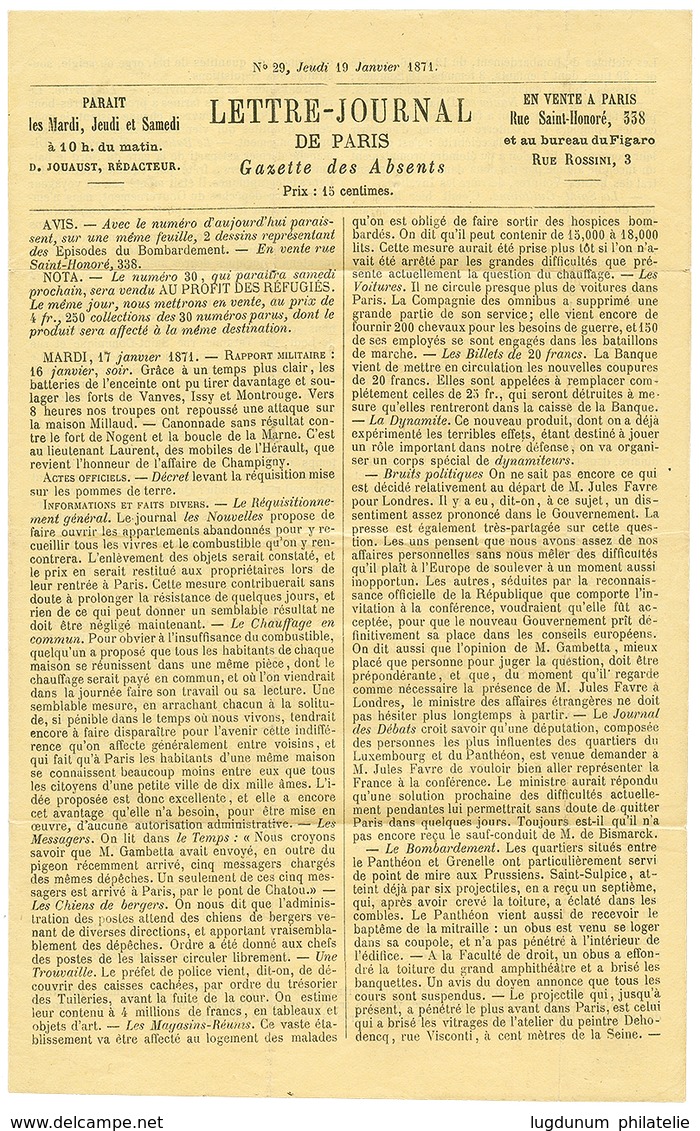 20c(n°29)x2 Pd Obl. Etoile + PARIS 19 Janv 70 Sur GAZETTE DES ABSENTS N°29 Pour MILAN (ITALIE). TB. - Guerra De 1870