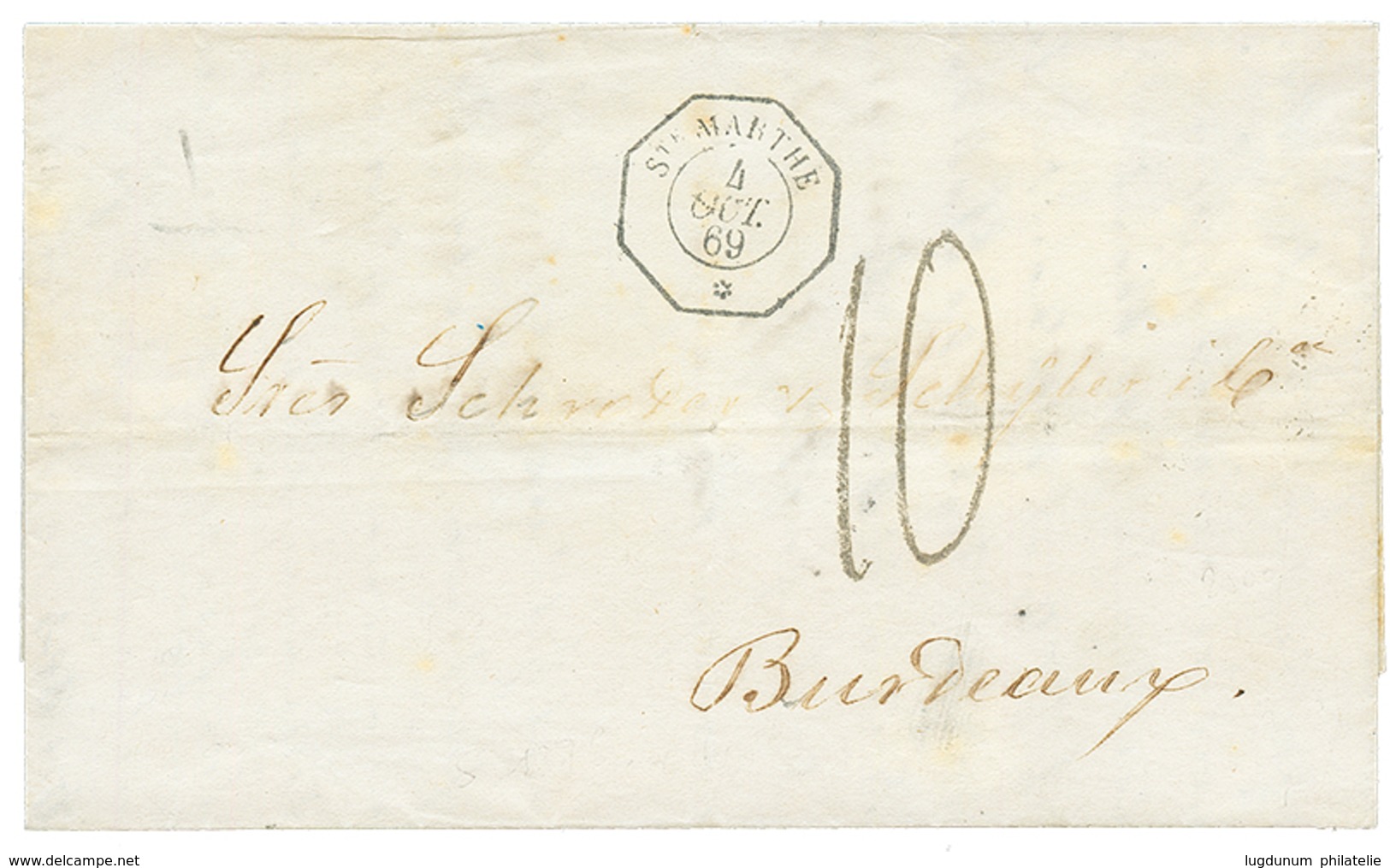 1869 Cachet Rare STE MARTHE + Taxe 10 Sur Lettre Avec Texte Pour BORDEAUX. Superbe. - Maritieme Post