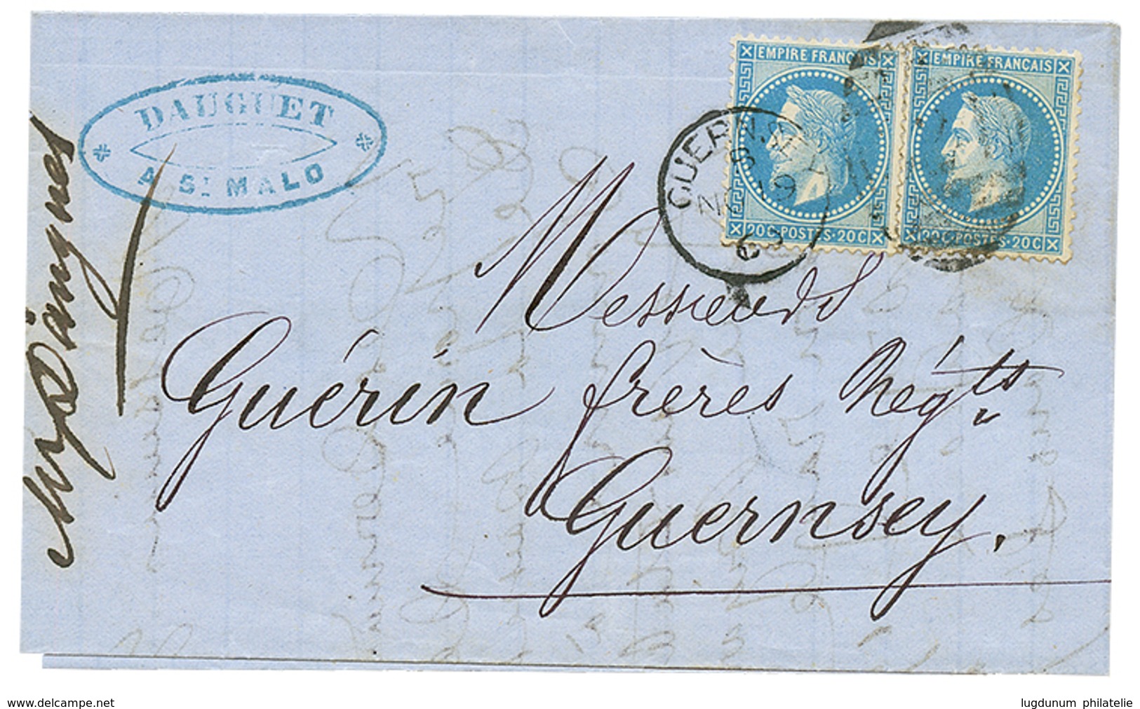 "BOITE MOBILE" : 1869 FRANCE 20c(n°29)x2 Obl. Killer 324 + GUERNESEY Sur Lettre Avec Texte De ST MALO Pour GUERNESEY. RA - Maritieme Post