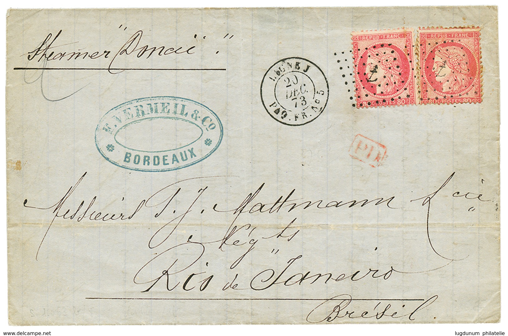 1873 80c CERES(x2) Obl. ANCRE + LIGNE J PAQ FR N°5 Sur Lettre De BORDEAUX Pour RIO DE JANEIRO(BRESIL). Double Port à 1F6 - Correo Marítimo