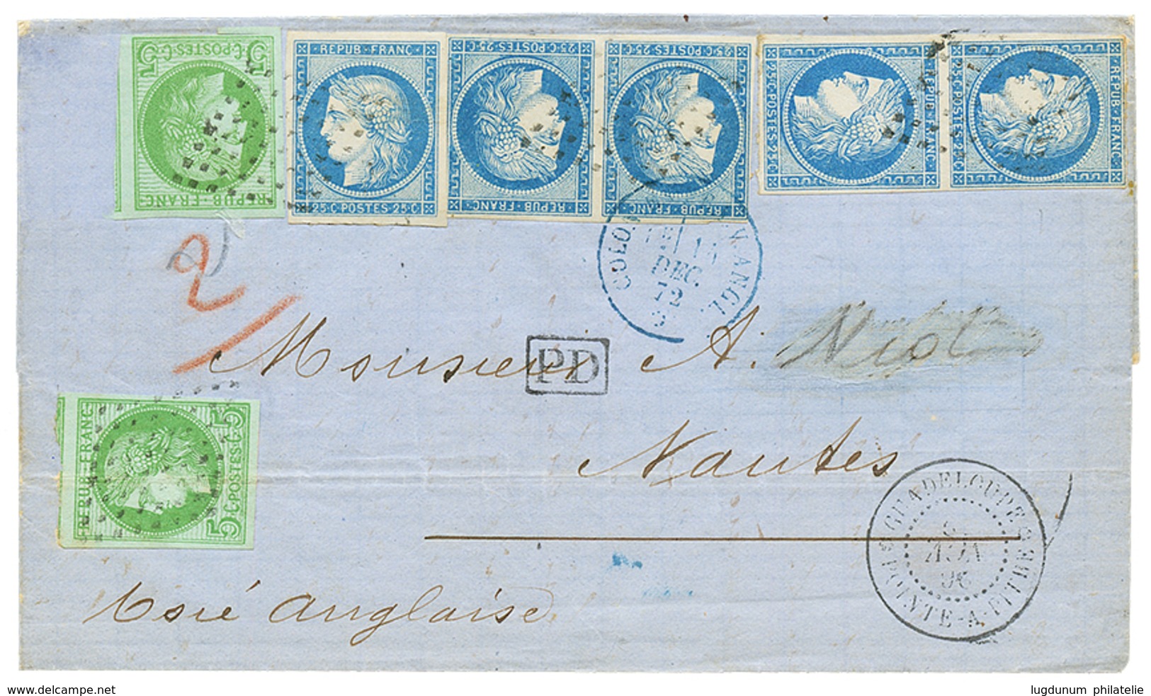 1872 CERES 5c(x2) Pd + 25c(x5) Sur Lettre De POINTE-A-PITRE Pour La FRANCE. Affrt Rare. TB. - Autres & Non Classés