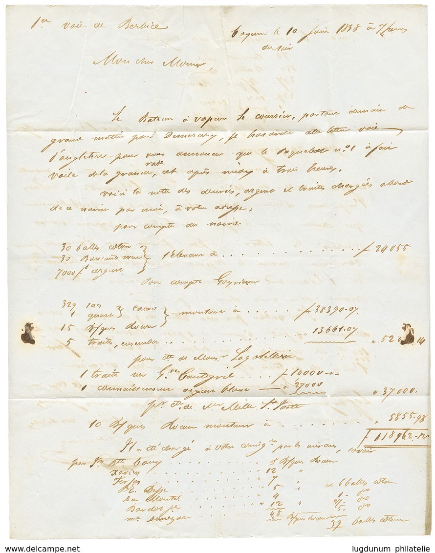 1838 Cachet ANGLETERRE PAR CALAIS Rouge + Taxe "33" Sur Lettre Avec Texte De CAYENNE Pour BORDEAUX. Verso, "ACHEMINE De  - Andere & Zonder Classificatie