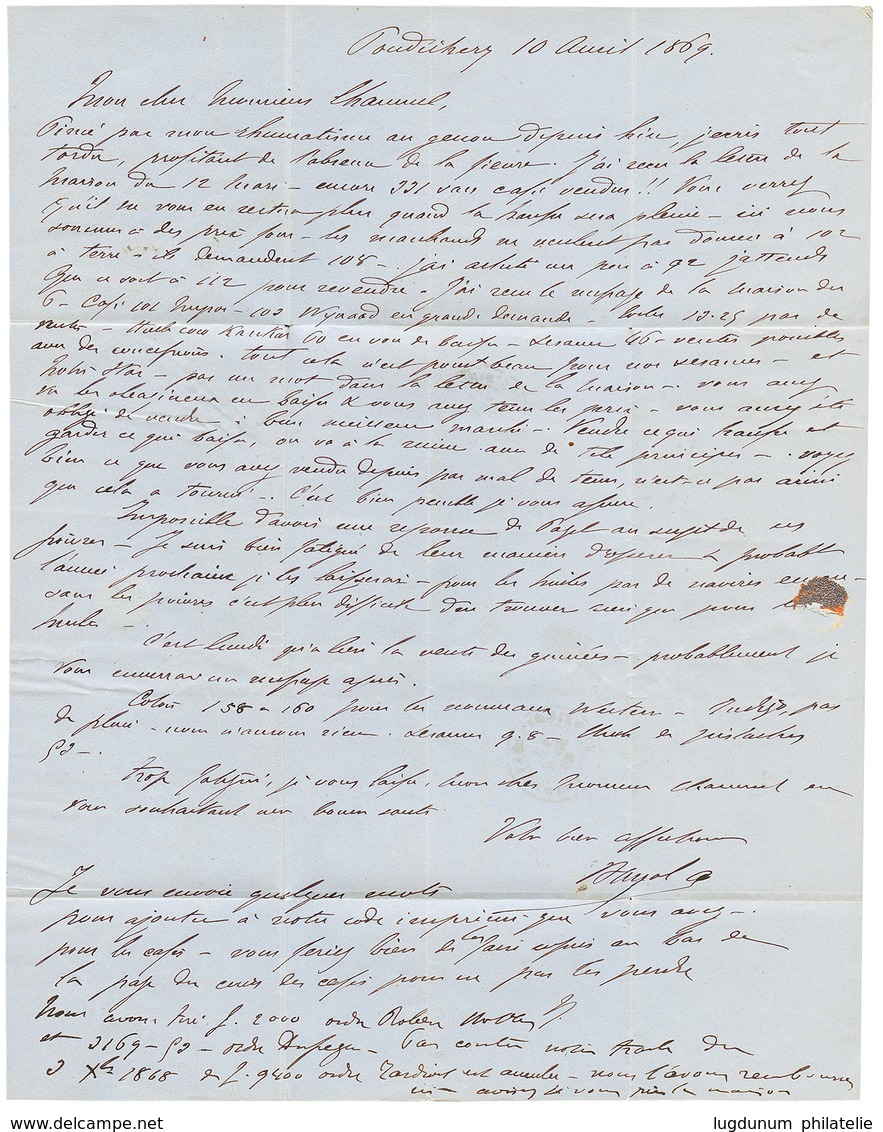 1869 AIGLE 20c + 40c + ETAB. FR. DE L' INDE PONDICHERY Sur Lettre Pour BORDEAUX. TTB. - Autres & Non Classés