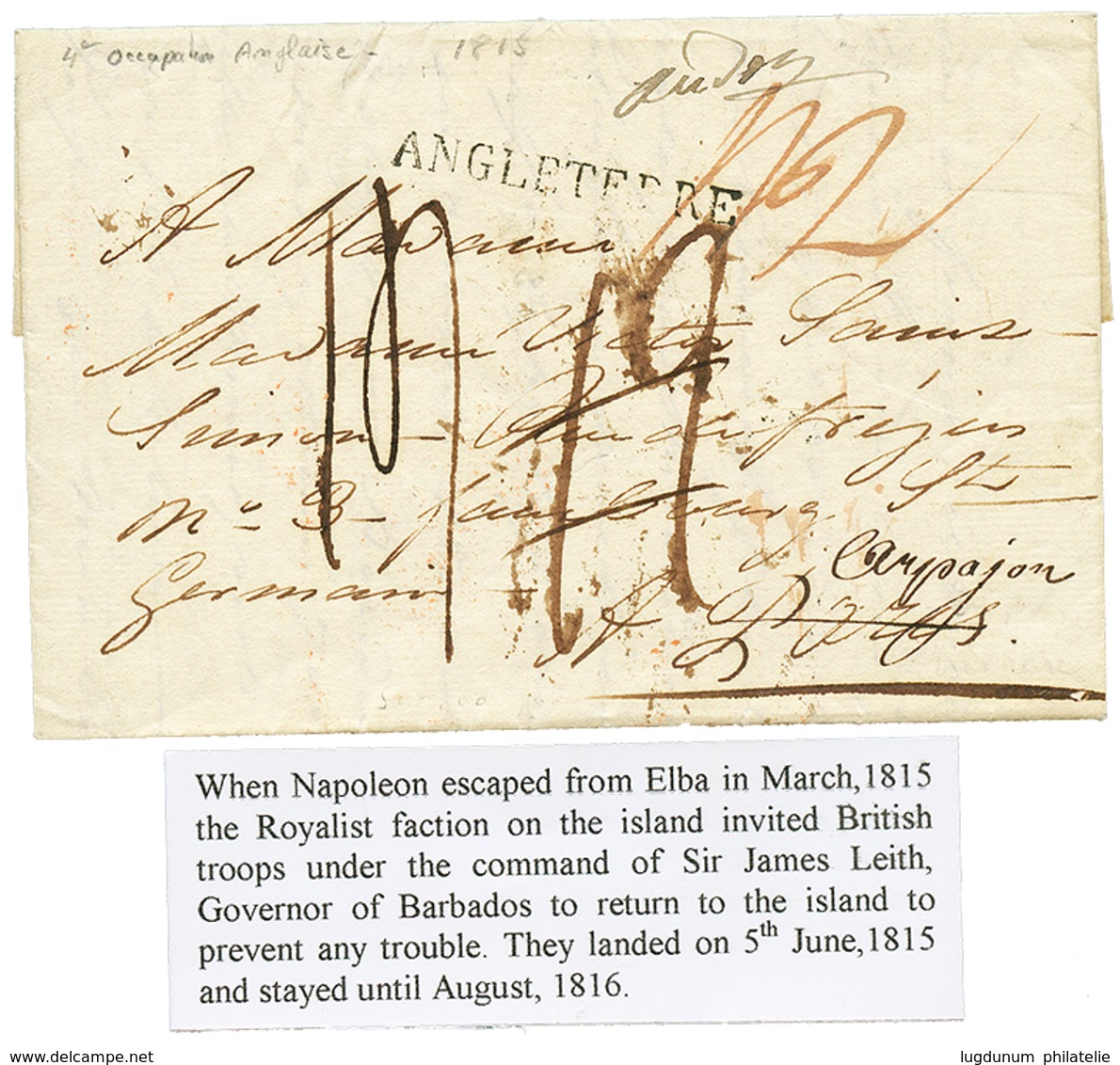 "4éme OCCUPATION ANGLAISE (5 Juin 1815 - Aout 1816) : Cachet ANGLETERRE + Taxes Sur Lettre Avec Texte Daté "ST PIERRE 15 - Andere & Zonder Classificatie