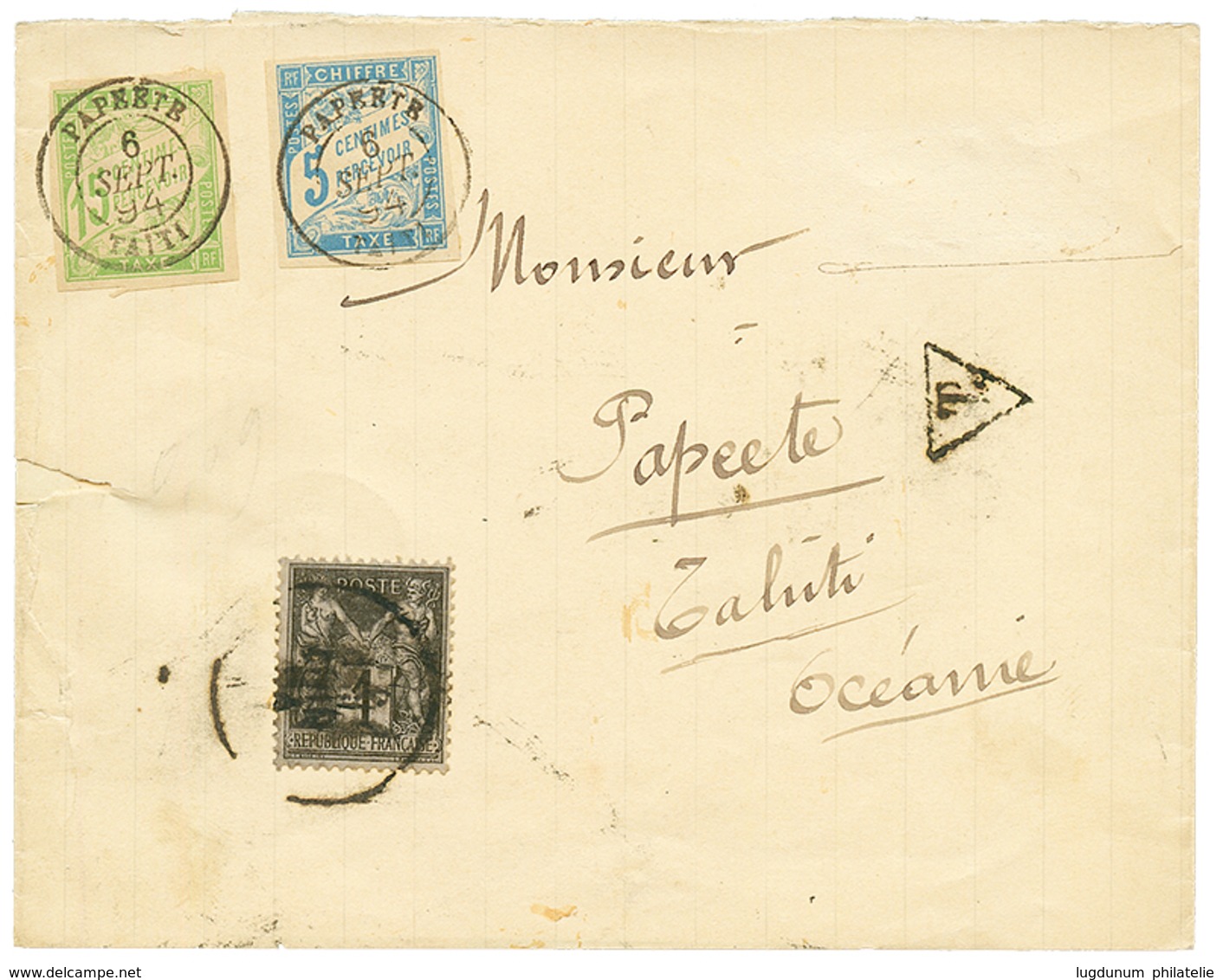 1894 FRANCE 1c SAGE Sur Bande D' IMPRIME Pour PAPEETE Taxée à L' Arrivée Avec COLONIES GENERALES TAXE 5c + 15c Obl. PAPE - Andere & Zonder Classificatie