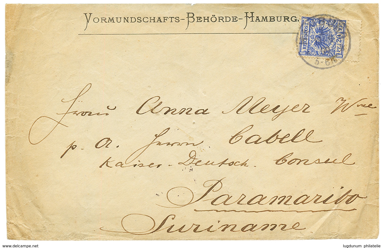 GERMANY To SURINAM : 1899 20pf Canc. HAMBURG On Envelope To PARAMARIBO With Arrival Cds. Vf. - Andere & Zonder Classificatie