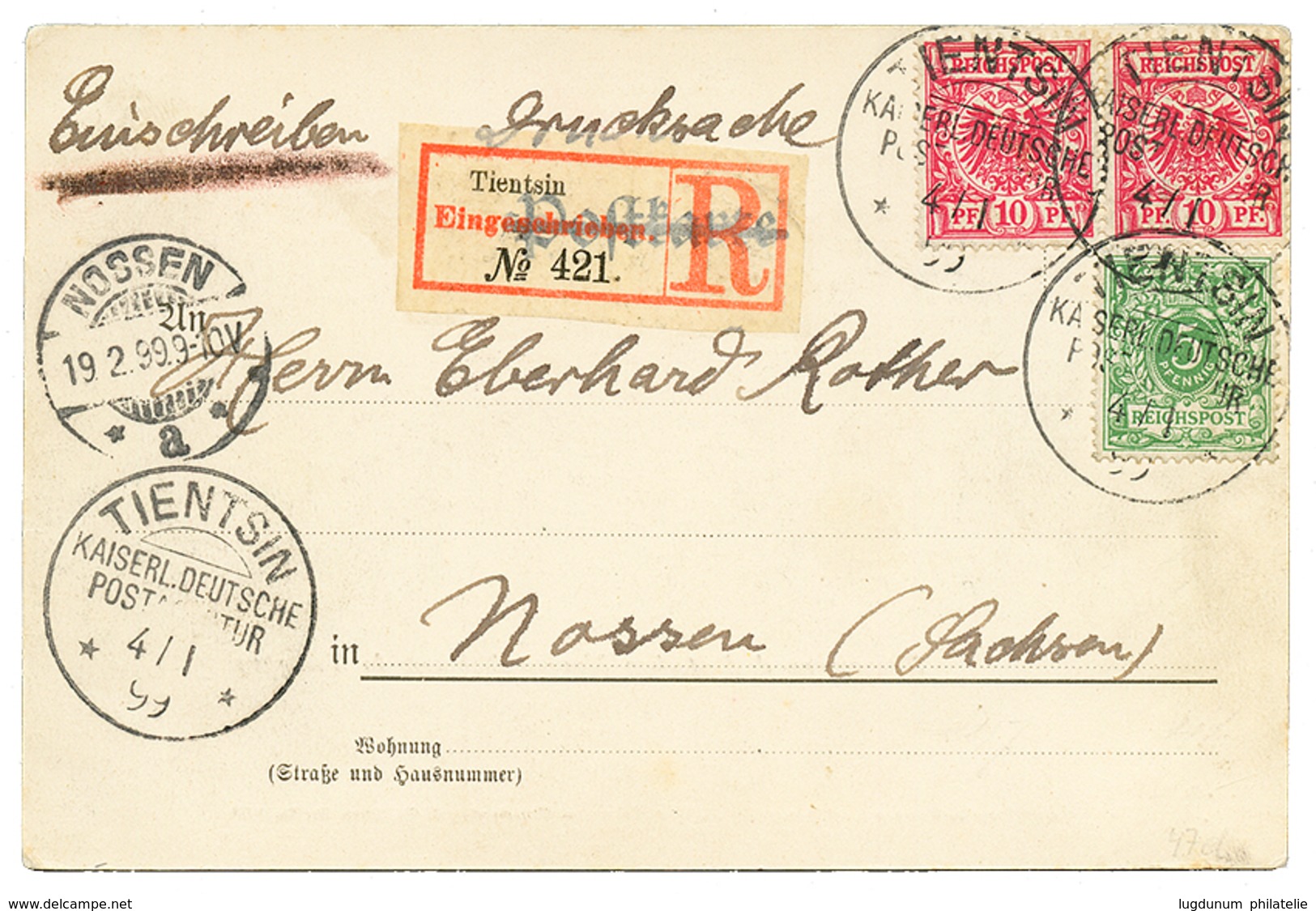 CHINA - VORLAUFER : 1899 GERMANY 5pf + 10pf(x2) Canc. TIENTSIN On REGISTERED Card To GERMANY. Vvf. - China (kantoren)