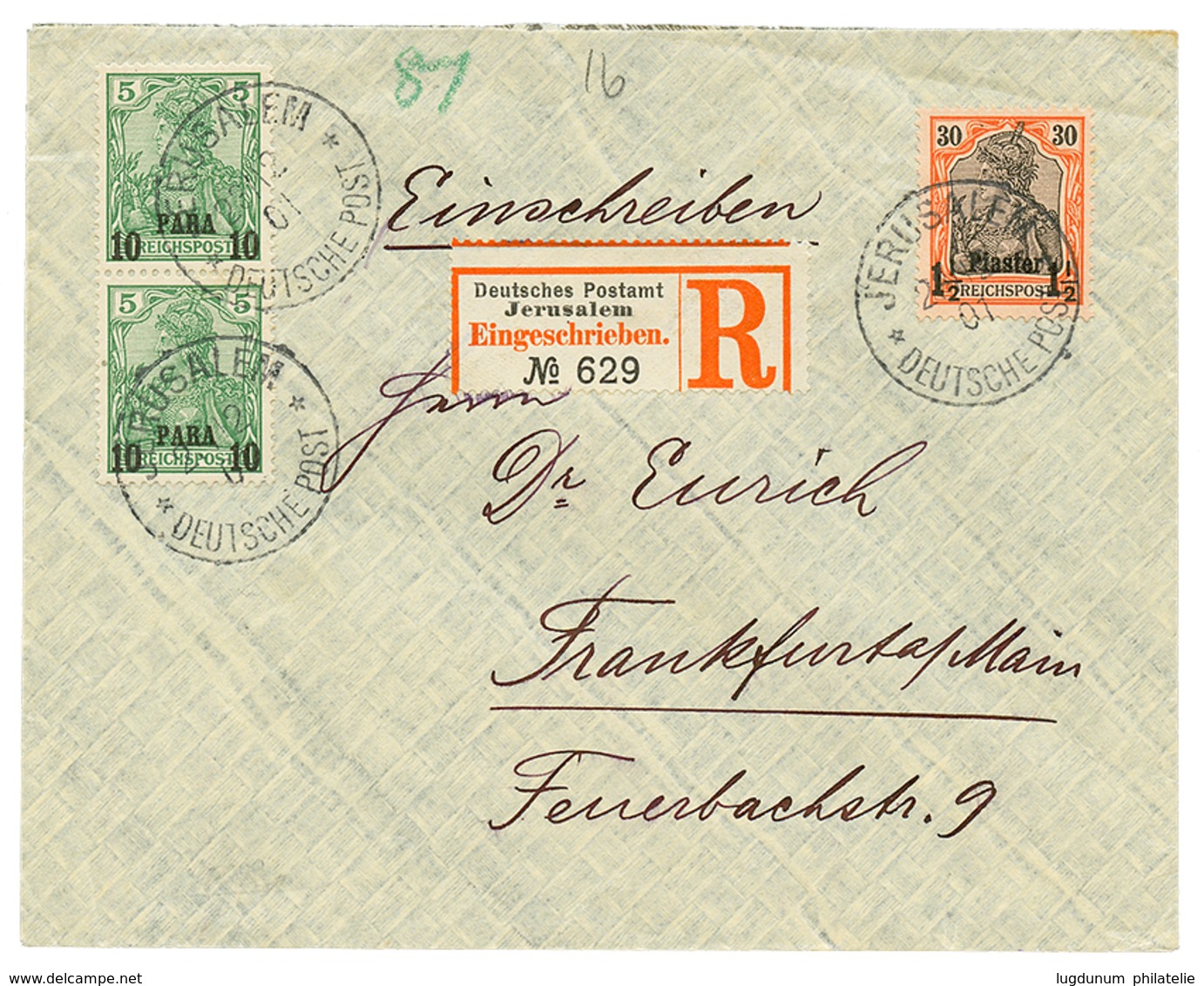 PALESTINE : 1907 10p(x2) + 1P Canc. JERUSALEM DEUTSCHE POST On REGISTERED Cover To GERMANY. Vvf. - Turquia (oficinas)