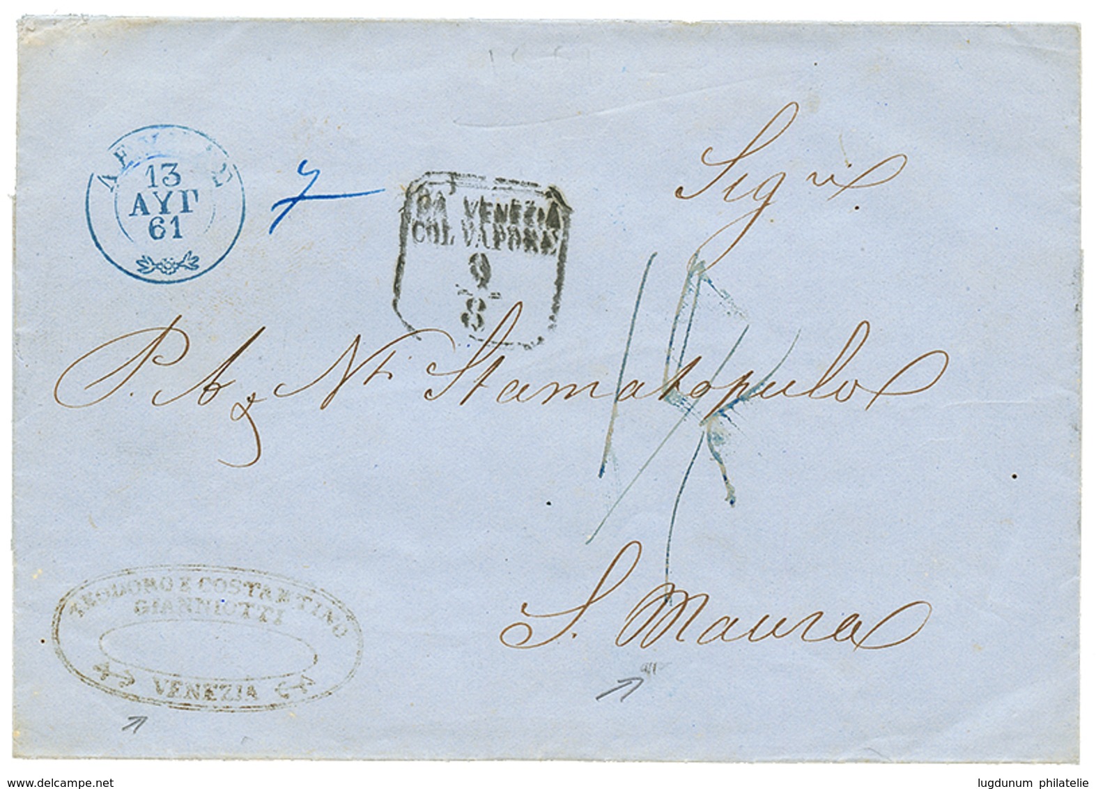 1861 DA VENEZIA COL. VAPORE On Entire Cover From VENEZIA To S. MAURA (IONIAN ISLANDS). RARE. Vvf. - Sin Clasificación