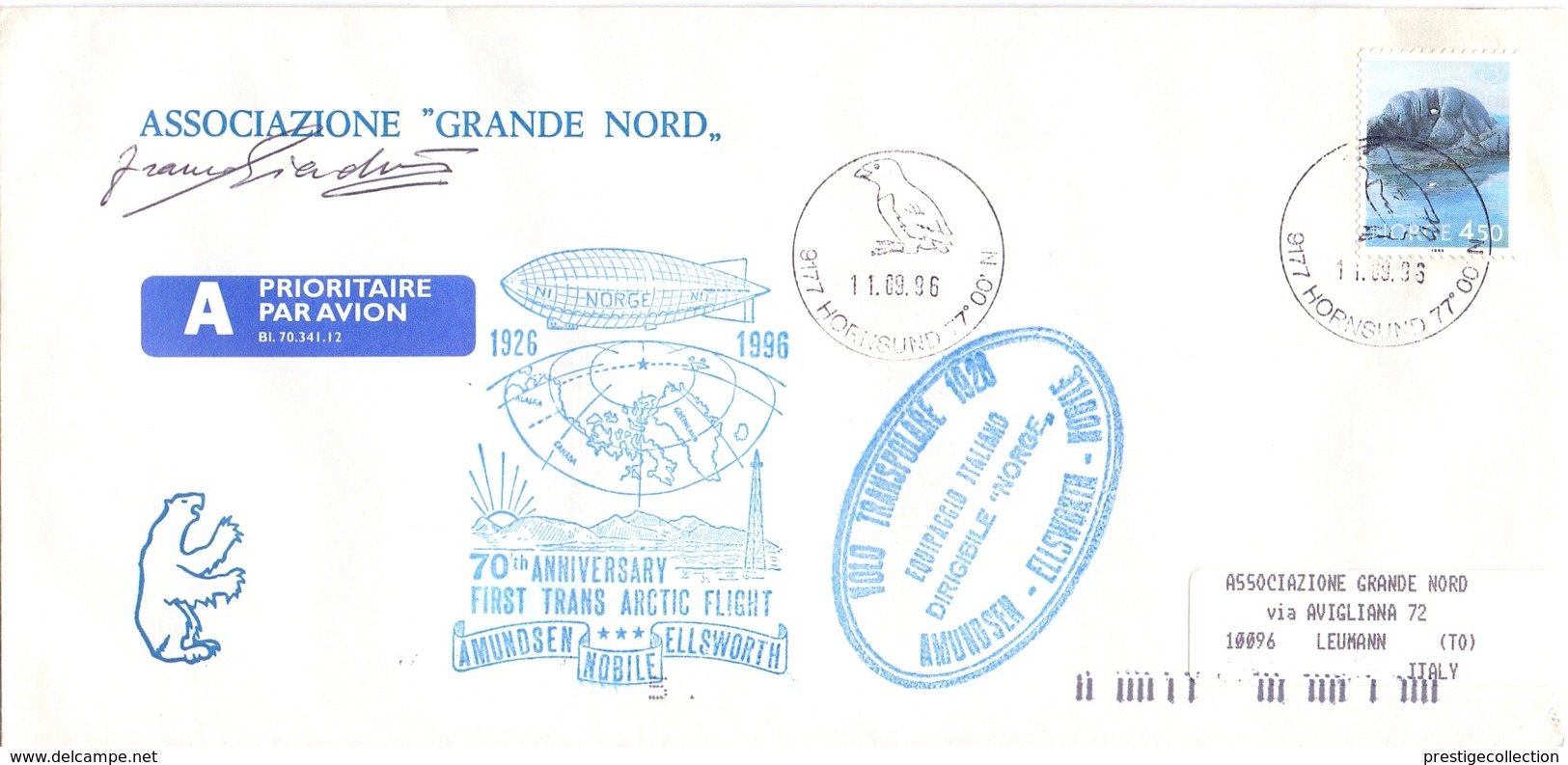 AIR MAIL   NORGE  HORNSUND  1996 N 70° FLIGTH TRANSPOLARE    (FEB190019) - Brieven En Documenten