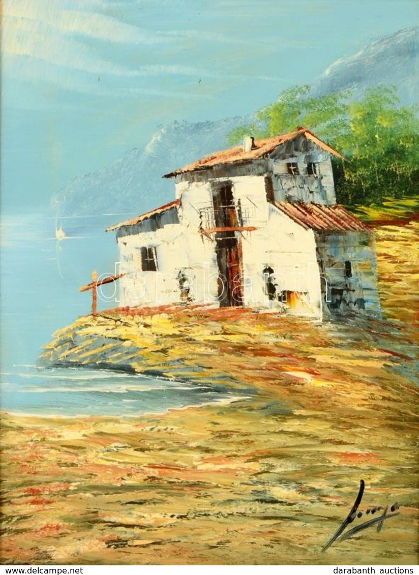 Olvashatatlan Jelzéssel: Mediterrán Háza Parton. Olaj, Farost, Keretben, 40×30 Cm - Sonstige & Ohne Zuordnung