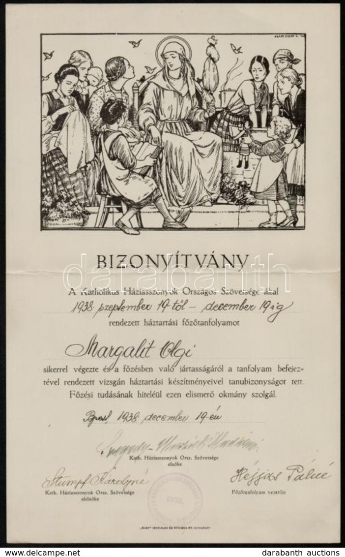 1938 Katolikus Háziasszonyok Országos Szövetsége Főzőtanfolyamának Oklevele, Szegedy-Maszák Aladárné, Stumpf Károlyné és - Ohne Zuordnung