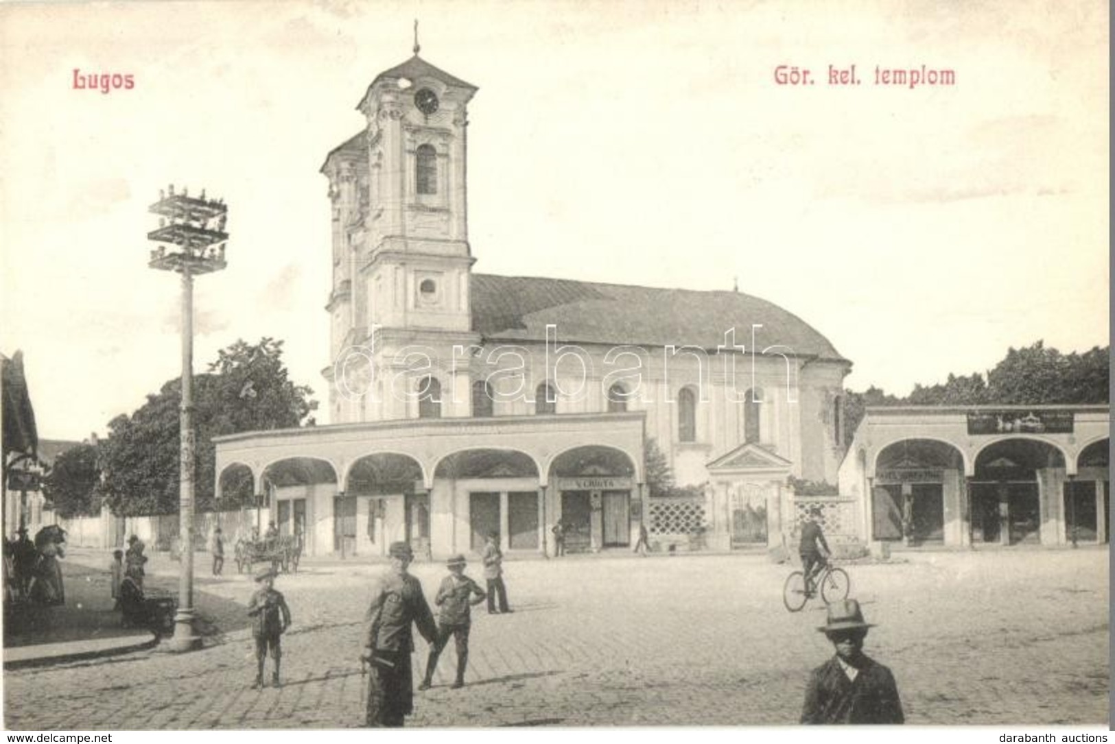 ** T1 Lugos, Lugoj; Görög Keleti Templom, Tér, V. Crista üzlete, Villanyoszlop / Greek Orthodox Church, Shop, Pylon - Unclassified