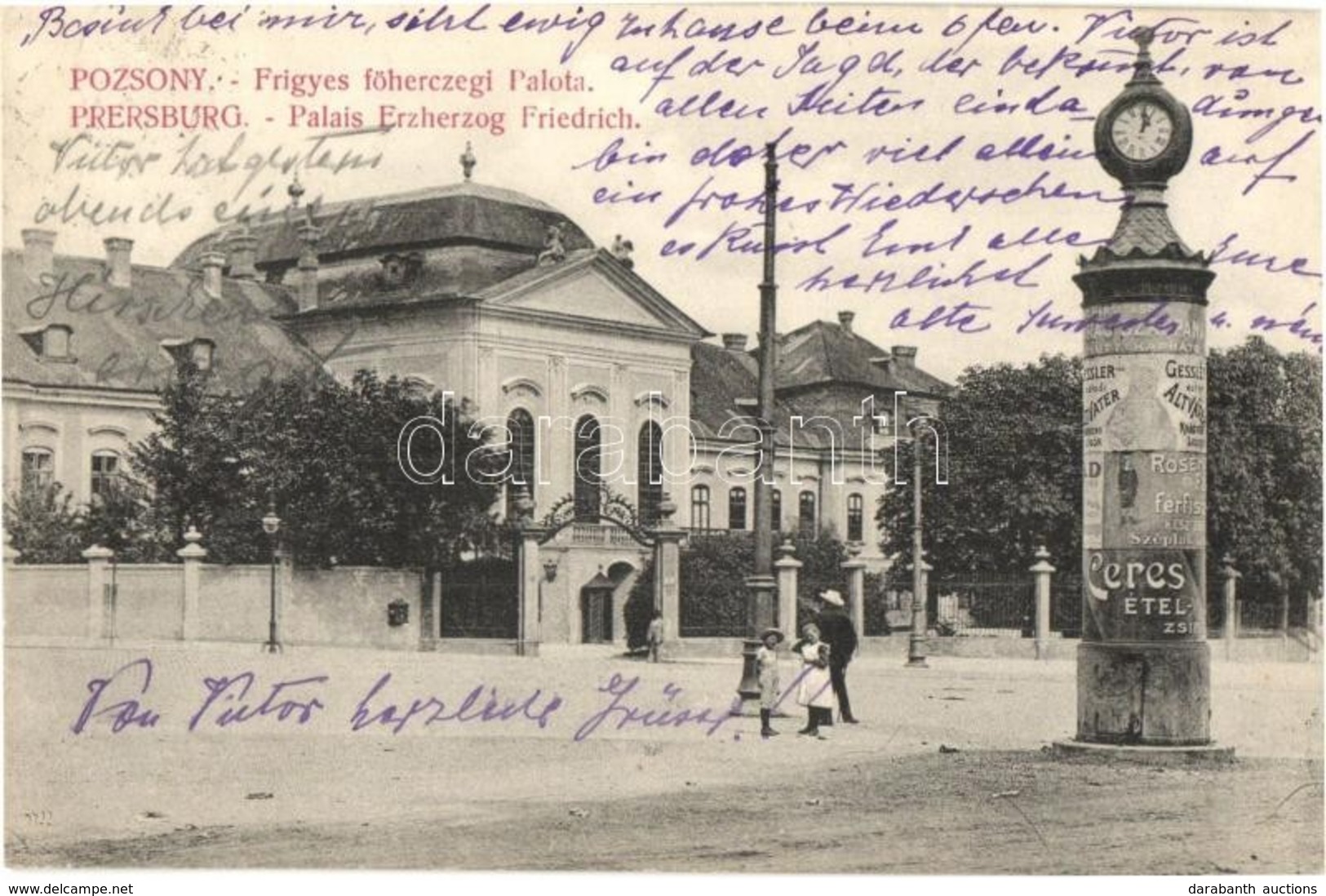 T2 1910 Pozsony, Pressburg, Bratislava; Frigyes Főhercegi Palota, Hirdetőoszlop Ceres ételzsír Reklámmal / Palais Erzher - Unclassified