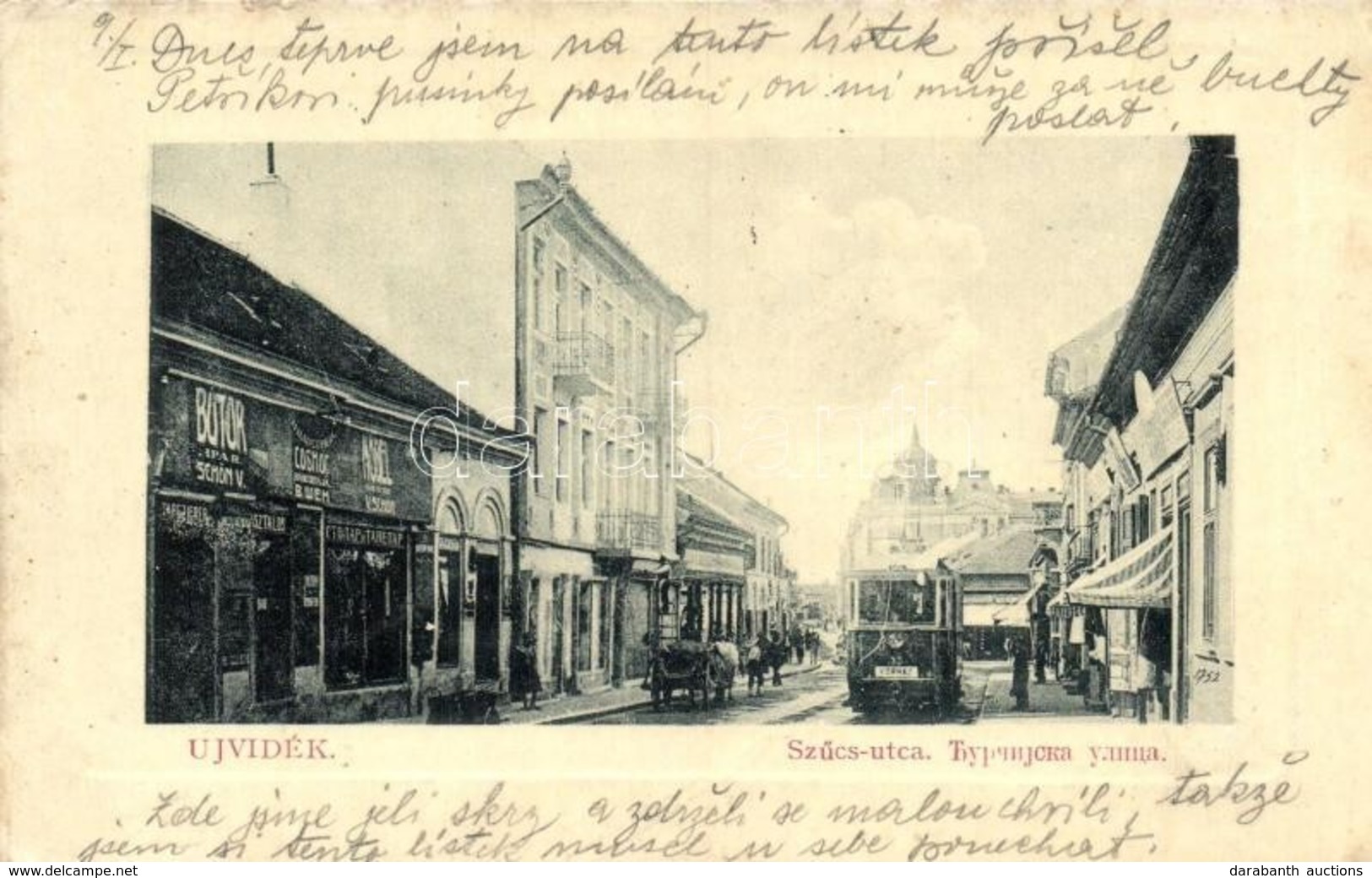 T2/T3 Újvidék, Novi Sad; Szűcs Utca, Villamos A Kórházhoz, Schön V. Bútoripar üzlete. W.L. Bp. 6354. / Street View With  - Ohne Zuordnung