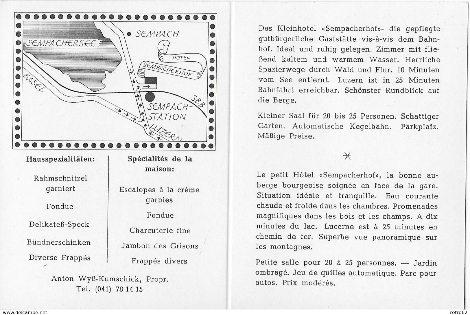 SEMPACH-STATION → Werbekarte  Hotel Zum Sempacherhof, Ca.1950     ►RAR◄ - Sempach