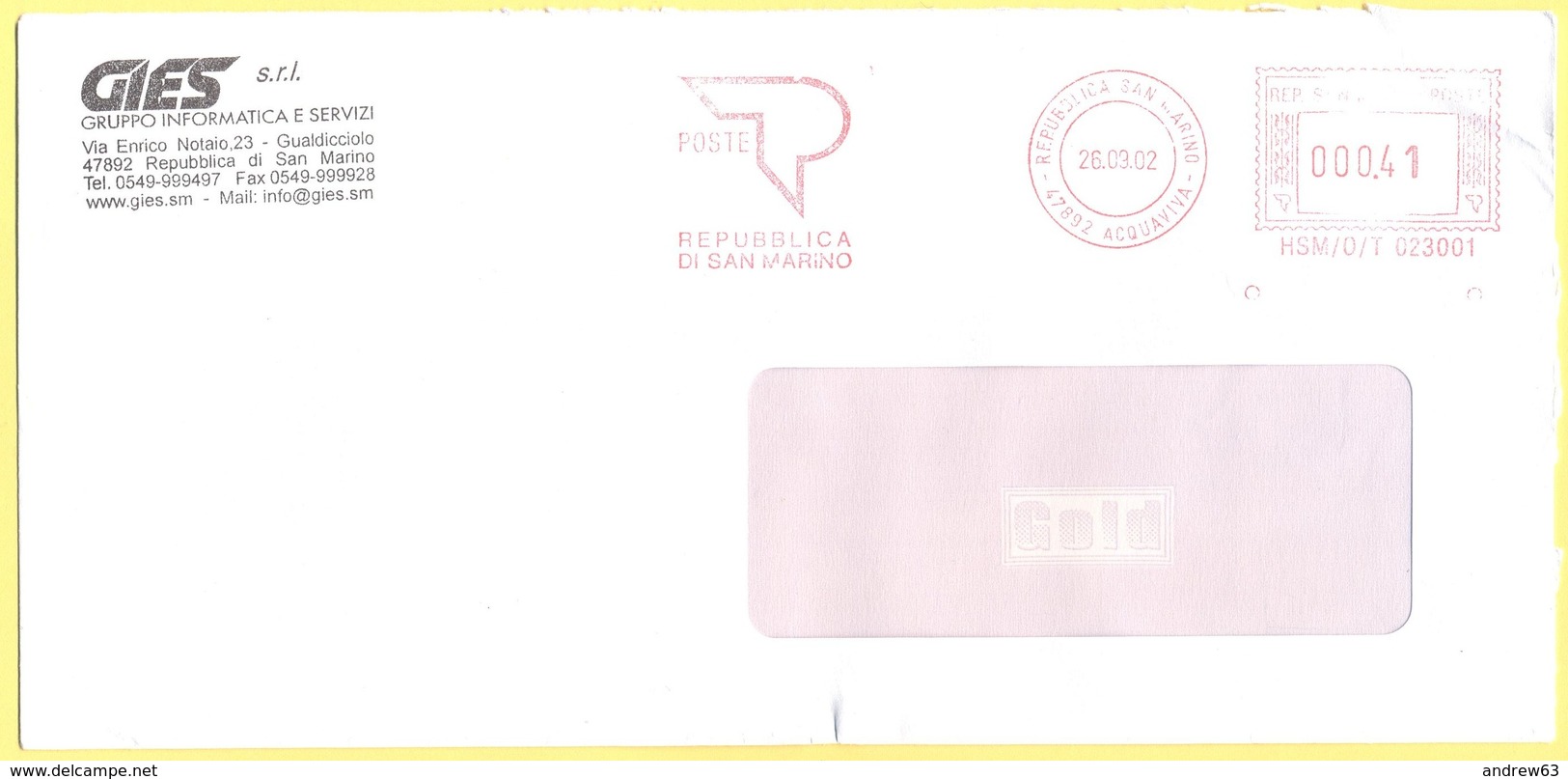 SAN MARINO - 2002 - 000,41€ EMA, Red Cancel - GIES SRL - Viaggiata Da San Marino - Covers & Documents