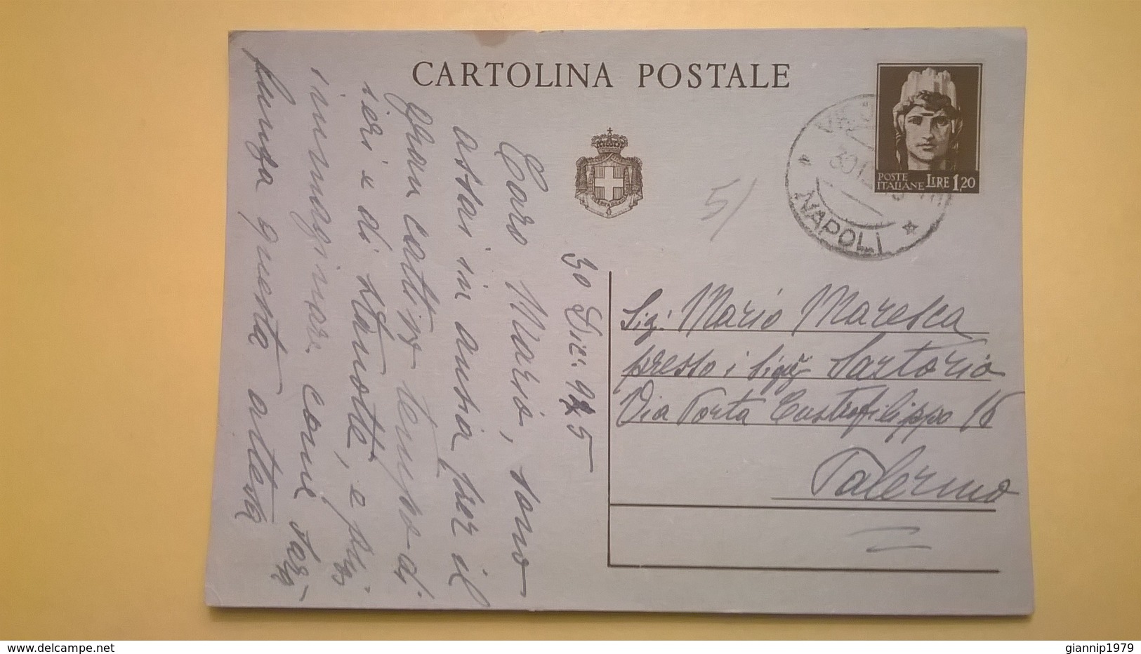 1945 INTERO CARTOLINA POSTALE POSTCARDS ANNULLO NAPOLI PER PALERMO LIRE 1,20 - Ganzsachen