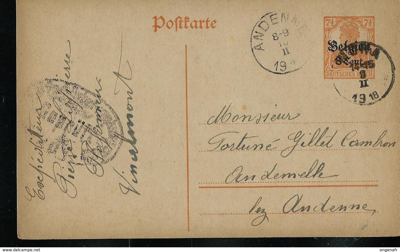 Carte Obl. N° 10  Obl.  ? Uma  09/02/1918  Pour Andenne 10/02/19  (fortune) + Censure - Deutsche Besatzung