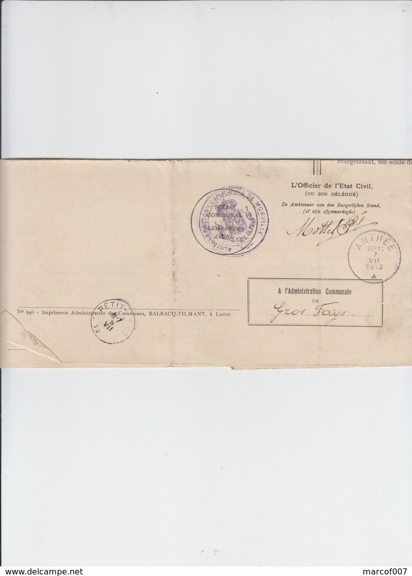 Document De Gros Fays - Petit Fays - Morville - Cachet Anthee - 1919 - Posta Rurale