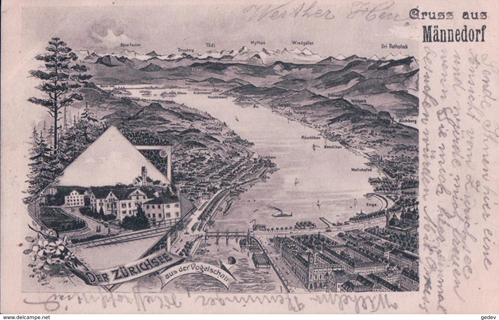 Gruss Aus Männedorf, Der Zürichsee Aus Der Vogelschau, Litho (17.8.1905) - Männedorf