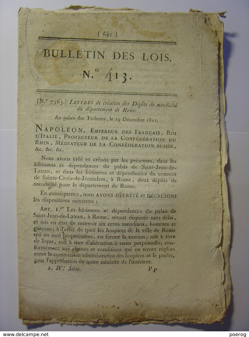 BULLETIN DES LOIS De 1812 - ITALIE ROME CREATION DEPOT MENDICITE - COMTE KERGARIOU PREFET INDRE ET LOIRE - Wetten & Decreten