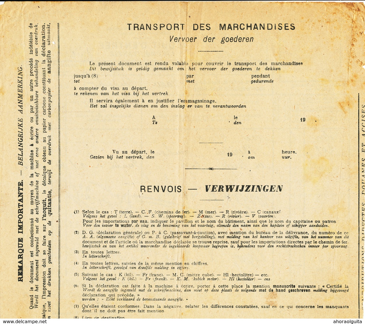 562/28 - Document Acquit D' Entrée ERQUELINNES NORD BELGE 1919 - 1 Colis De Bouchons En Liège Ex Bordeaux - Nord Belge
