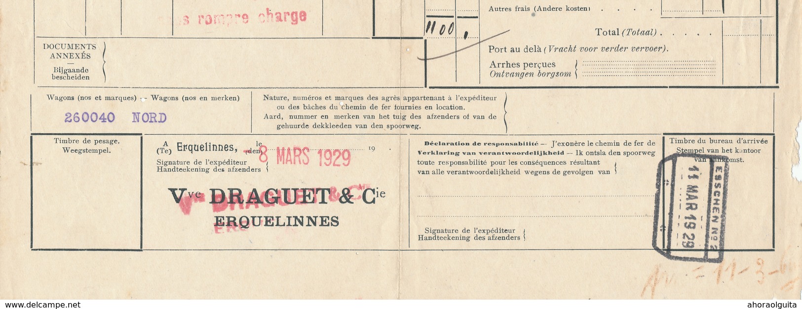 564/28 - Lettre De Voiture Cachet De Gare NORD BELGE ERQUELINNES Factage 1929 - Expéd. Tourteaux , Vve Draguet - Nord Belge