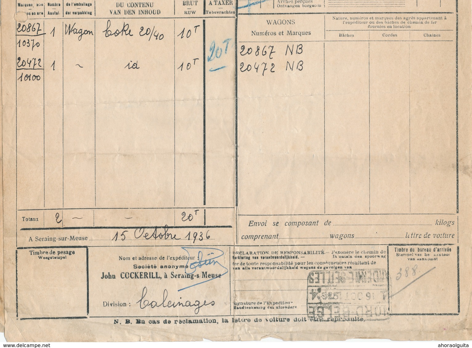 565/28 - Lettre De Voiture Cachet De Gare NORD BELGE SERAING 1936 Vers ANDENNES SEILLES - Exp. Cockerill - Nord Belge