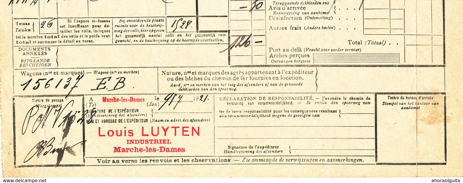 569/28 - Lettre De Voiture Cachet De Gare NORD BELGE MARCHE LES DAMES 1921  - Exp. Luyten , Industriel - Nord Belge