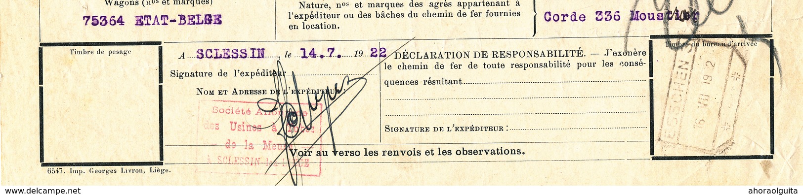 570/28 - Lettre De Voiture Manuscrit Et Cachet  VAL BENOIT , Gare Privée NORD BELGE 1922 - Exp SCLESSIN Tubes - Nord Belge