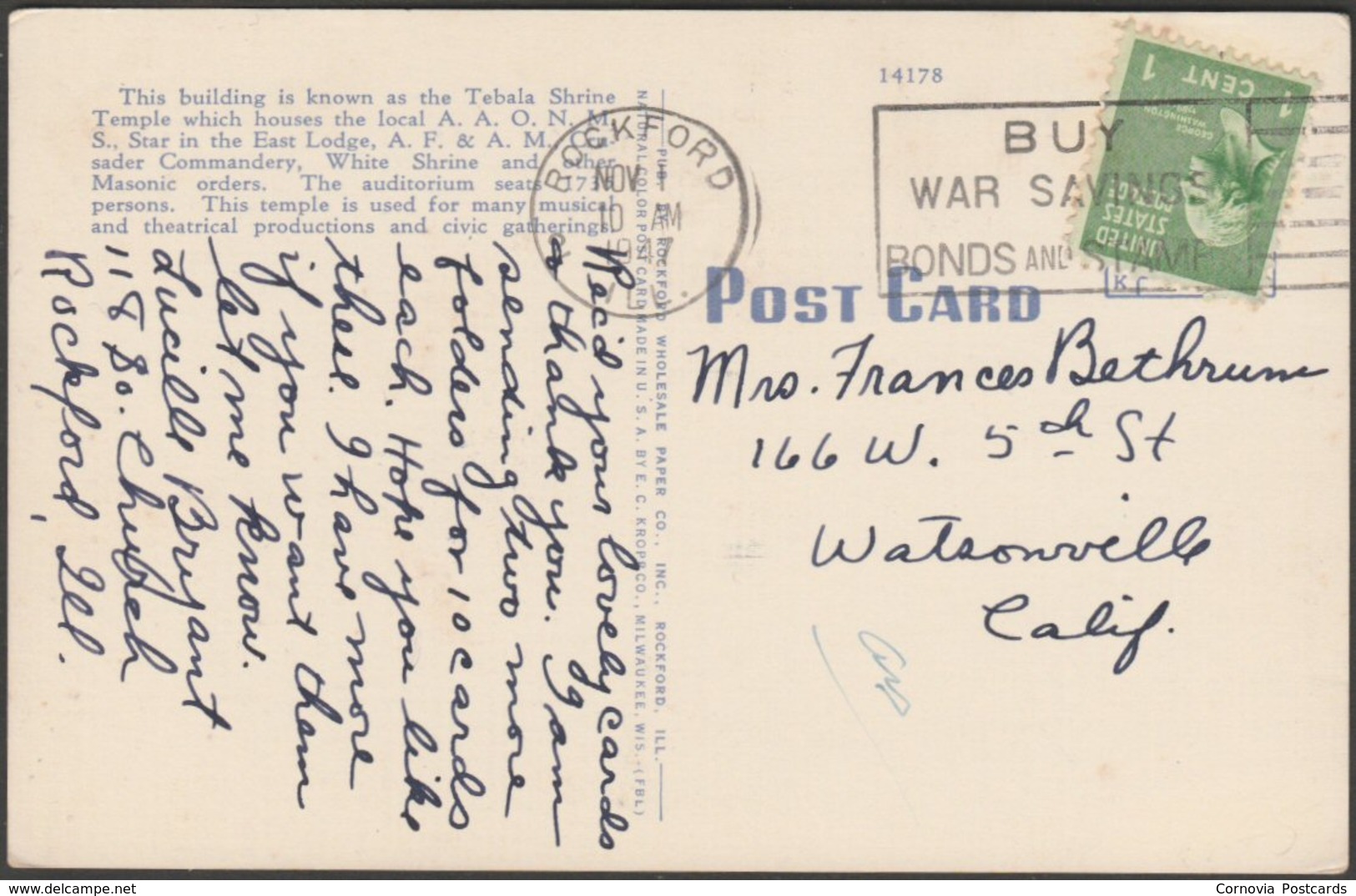 Masonic Temple, Rockford, Illinois, 1947 - Rockford Wholesale Paper Co Postcard - Rockford