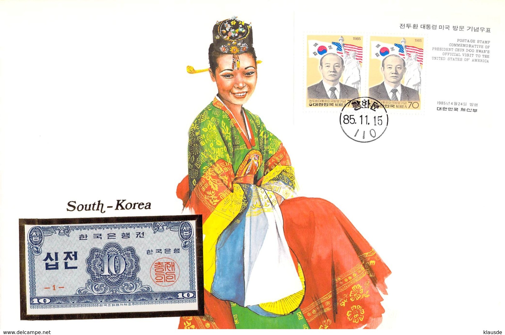 FDC Mit Geldschein 10 Jeon Bankfrisch & Block1962 Süd-Korea - Korea, South