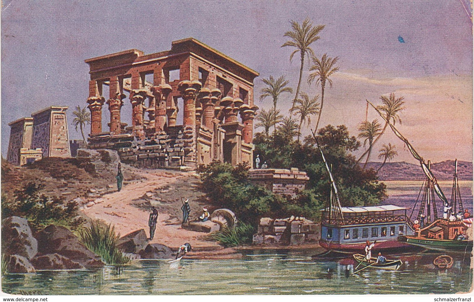 Perlberg Künstlerkarte Litho AK Philae أنس الوجود Lit Bed Pharao Hut Chenti Nil A Assuan أسوان Ägypten Egypte مصر Egypt - Perlberg, F.