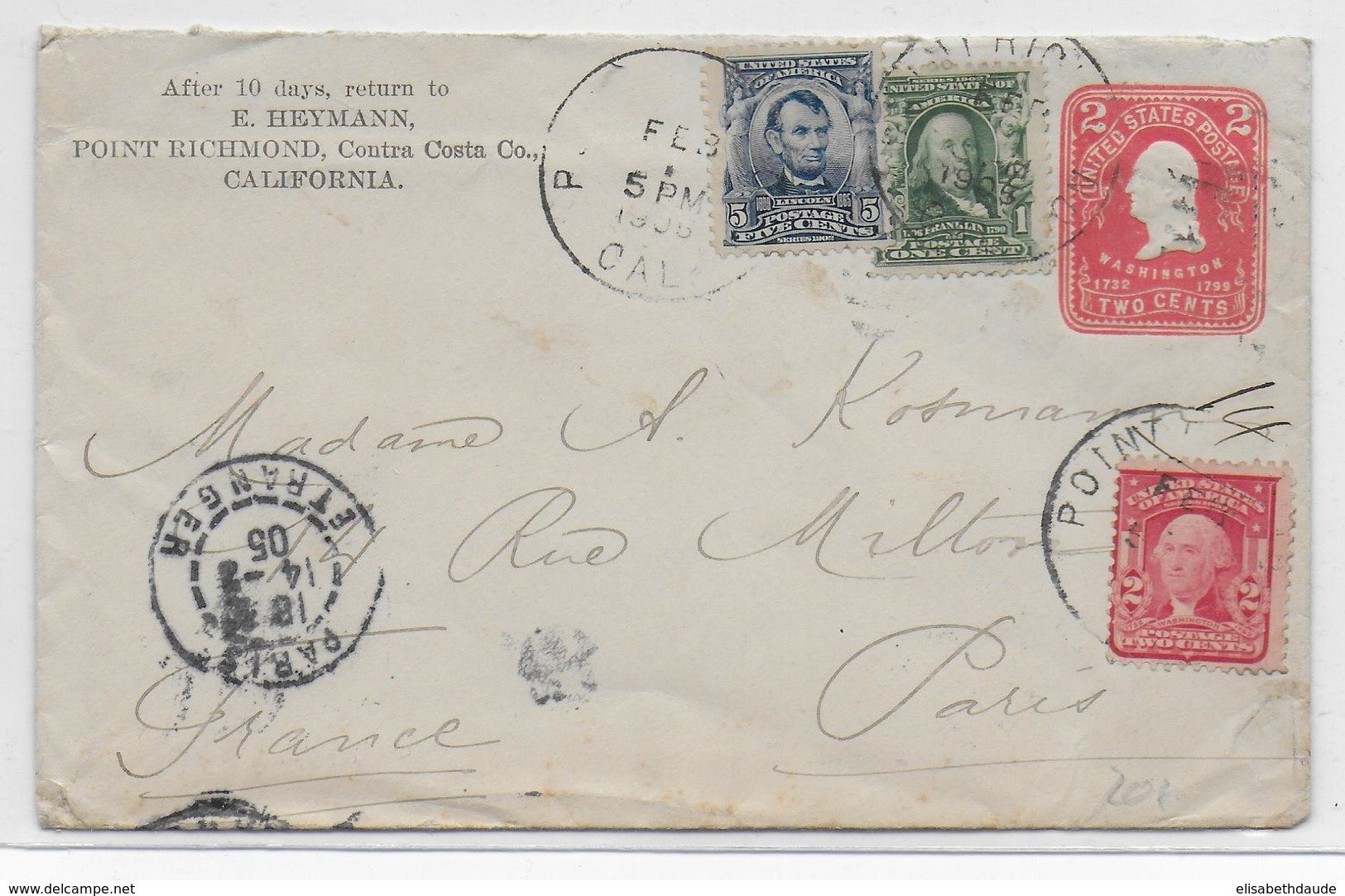 USA - 1905 - ENVELOPPE ENTIER Avec COMPLEMENT De POINT RICHMOND (CALIFORNIA) => PARIS - Briefe U. Dokumente