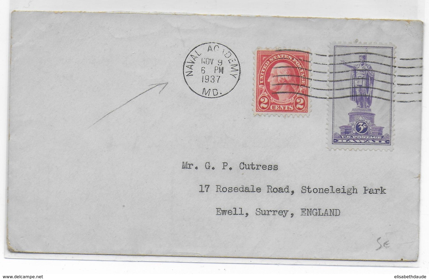 USA - NAVAL - 1937 - ENVELOPPE Avec CACHET De La NAVAL ACADEMY à ANNAPOLIS => EWELL (ENGLAND) - Poststempel