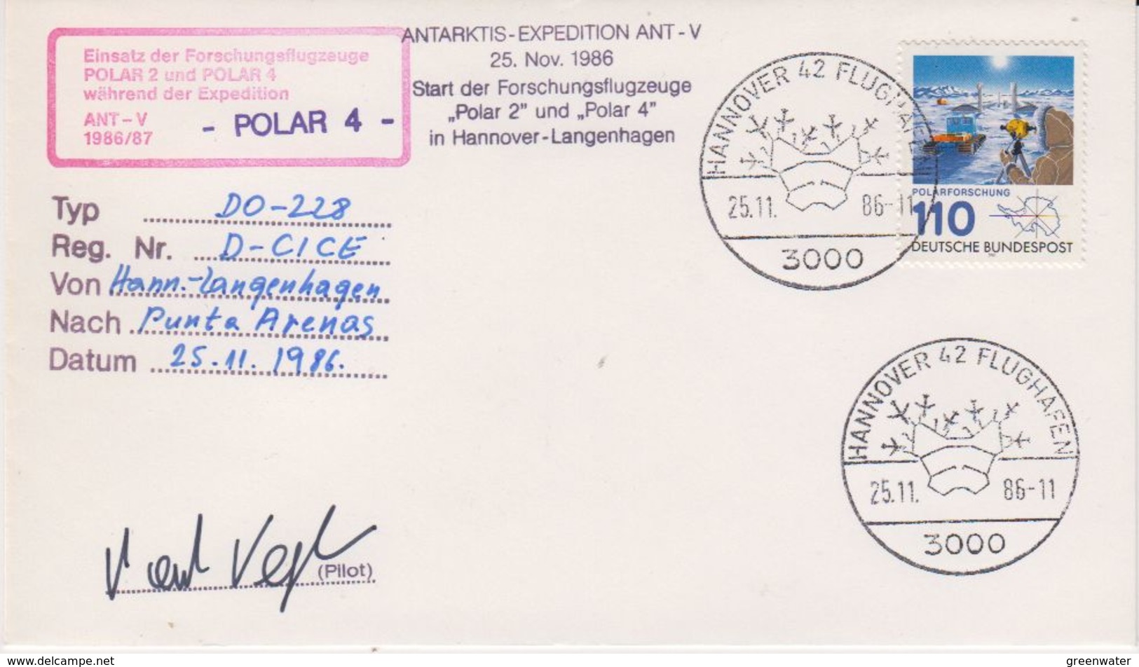 Germany 1986 Polar 4 Flight Cover From Hannover To Punta Arenas (25.11.1986) Si Pilot Cover (41984) - Polare Flüge