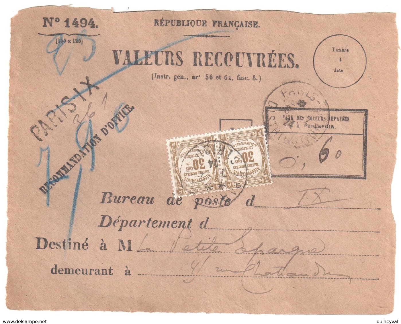 PARIS Ob 6 2 1924 Devant Enveloppe 1494 Valeurs Recouvrées Recommandée Taxée Yv 46 Ob TAD Paris Distribution - 1859-1959 Briefe & Dokumente