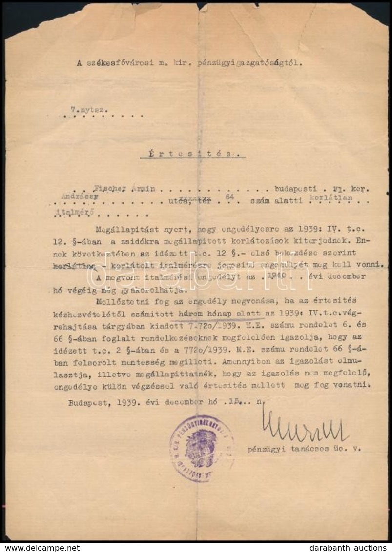 1939 Bp., A Székesfővárosi M. Kir. Pénzügyigazgatóság által Kiküldött értesítás - Non Classés