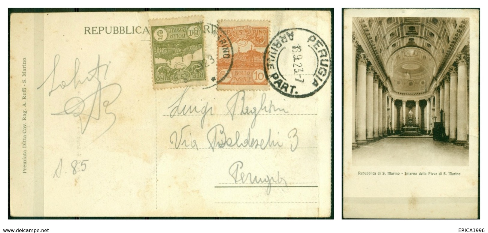 V6752 SAN MARINO 1923 Cartolina Illustrata Affrancata Con Cifra 5 C. + Vedute 10 C., 15.9.23 Per Perugia, - Covers & Documents