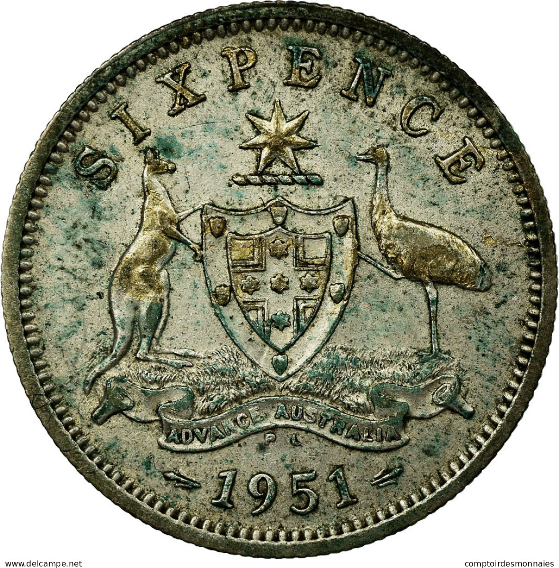 Monnaie, Australie, George VI, Sixpence, 1951, TTB, Argent, KM:45 - Sixpence