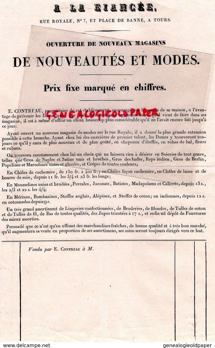 37- TOURS- RARE LETTRE A LA FIANCEE- 7 RUE ROYALE PLACE DE BANNE- OUVERTURE NOUVEAUX MAGASINS  MODES-M. E.COINTREAU - 1800 – 1899