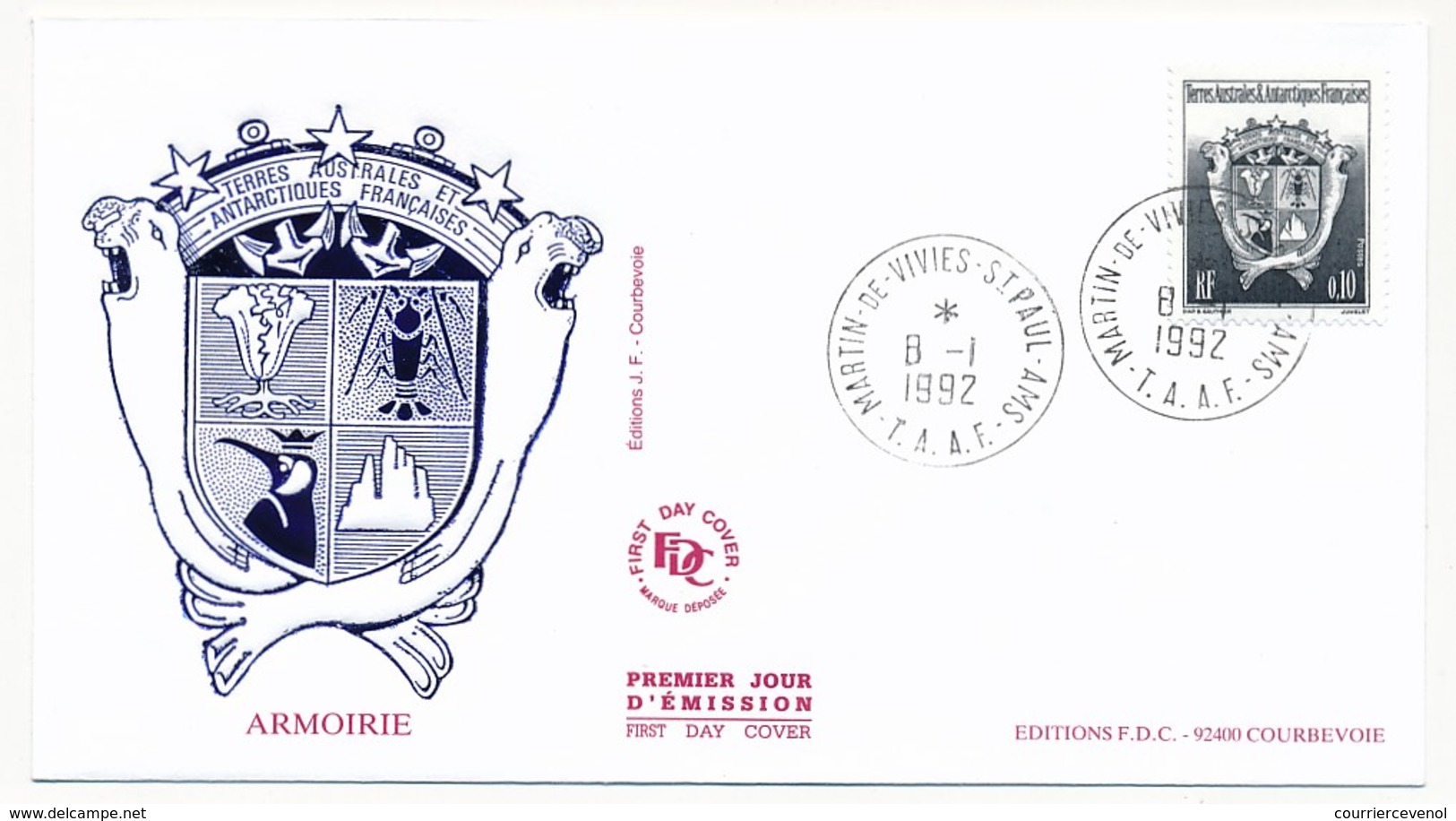 TAAF - Enveloppe FDC - 0,10 Armoiries - Martin De Vivies - St Paul - 8-1-1992 - FDC